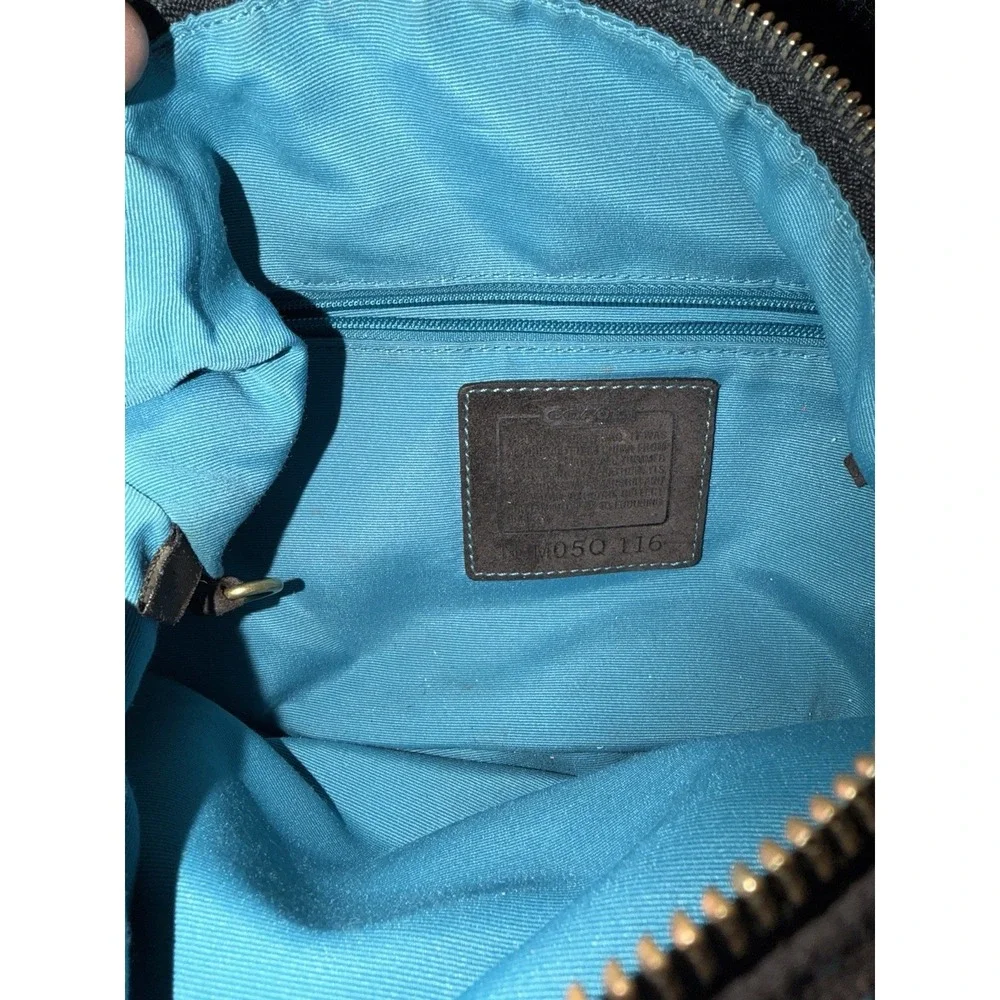 Coach Hampton Black Hobo Shoulder Bag Nylon Black Stitching  With Teal Lining